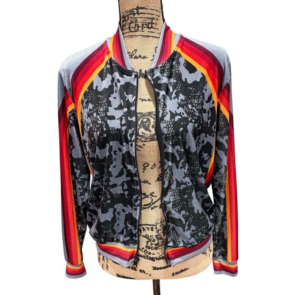 Lucky in Love Velvet Camo Jacket Black Grey Stripe Full Zip Size Medium Tennis - Picture 9 of 9